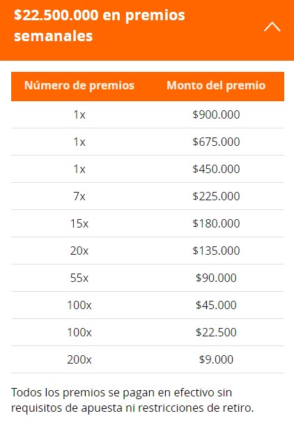 Premios semanales de Semanas de $22.500.000